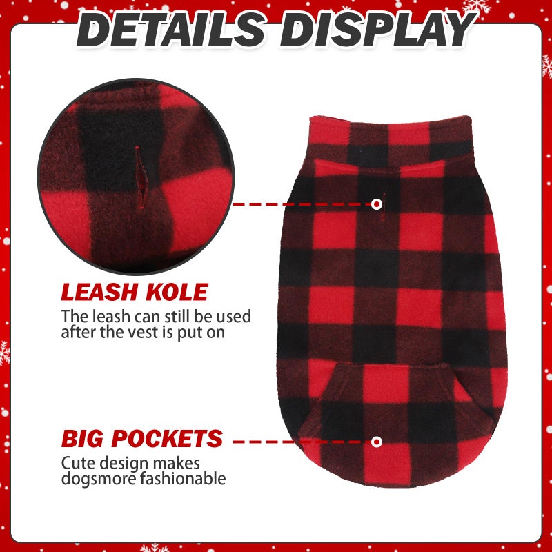 KOOLTAIL Small Dog Winter Jacket, Pet Vest Sweater with Pocket and Leash Hole, Windproof Cold Weather Dog Coats for Boys and Girls, Christmas Red Plaid - Image 3